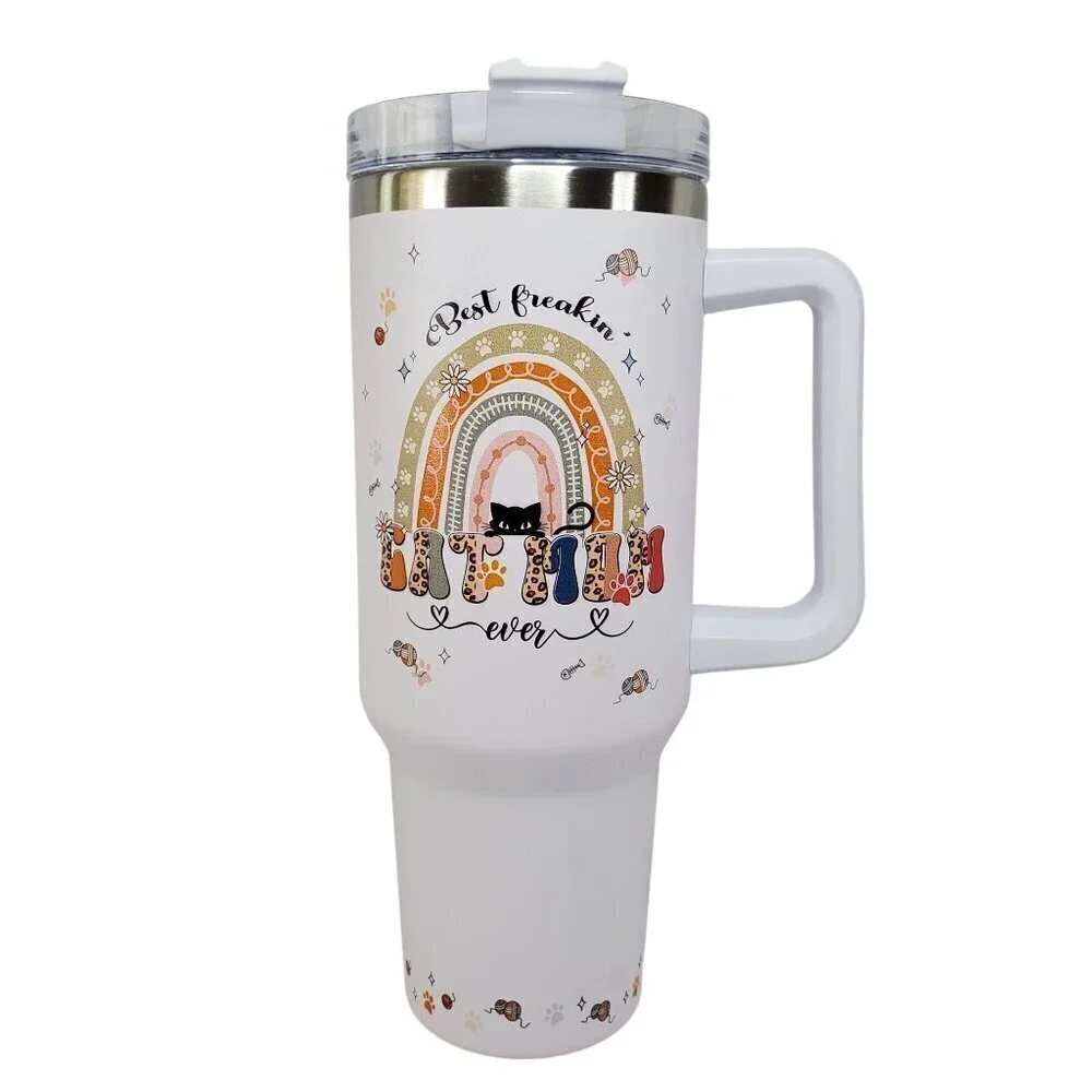 Cat Mom Gift 40 Oz Travel Tumbler Lid & Handle -Best Freakin Cat Mom Ever Design